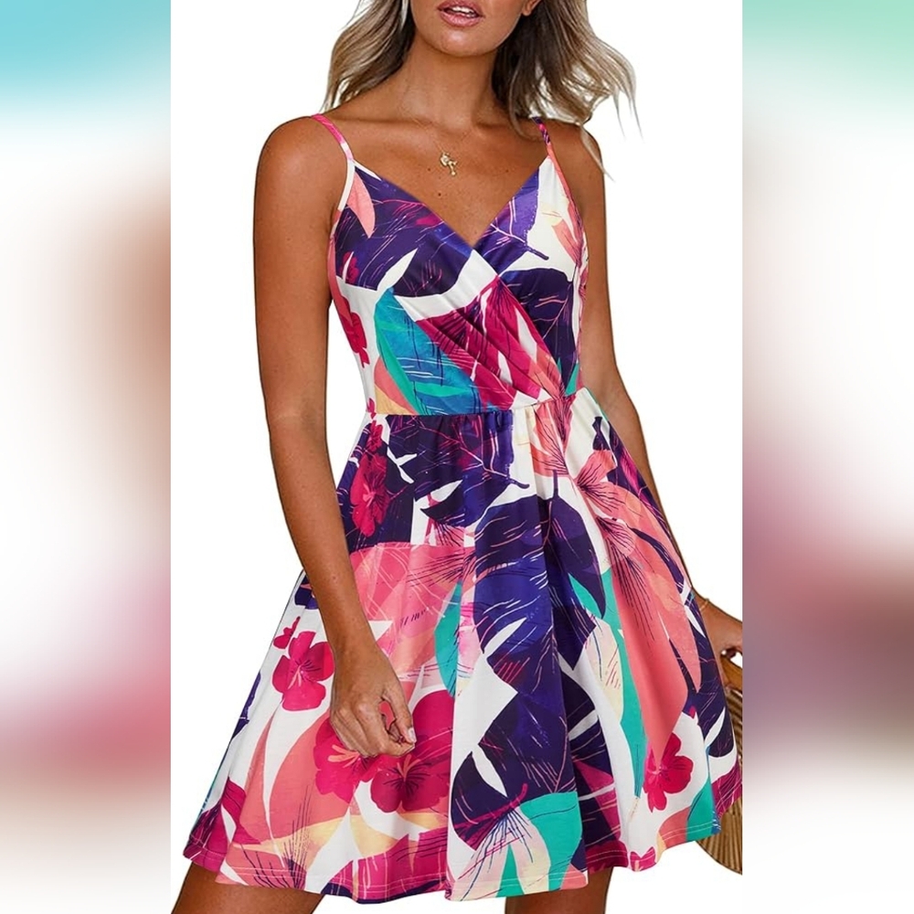 Newshows Women's Summer Dress Spaghetti Strap V Neck Casual Sundress with Pocket